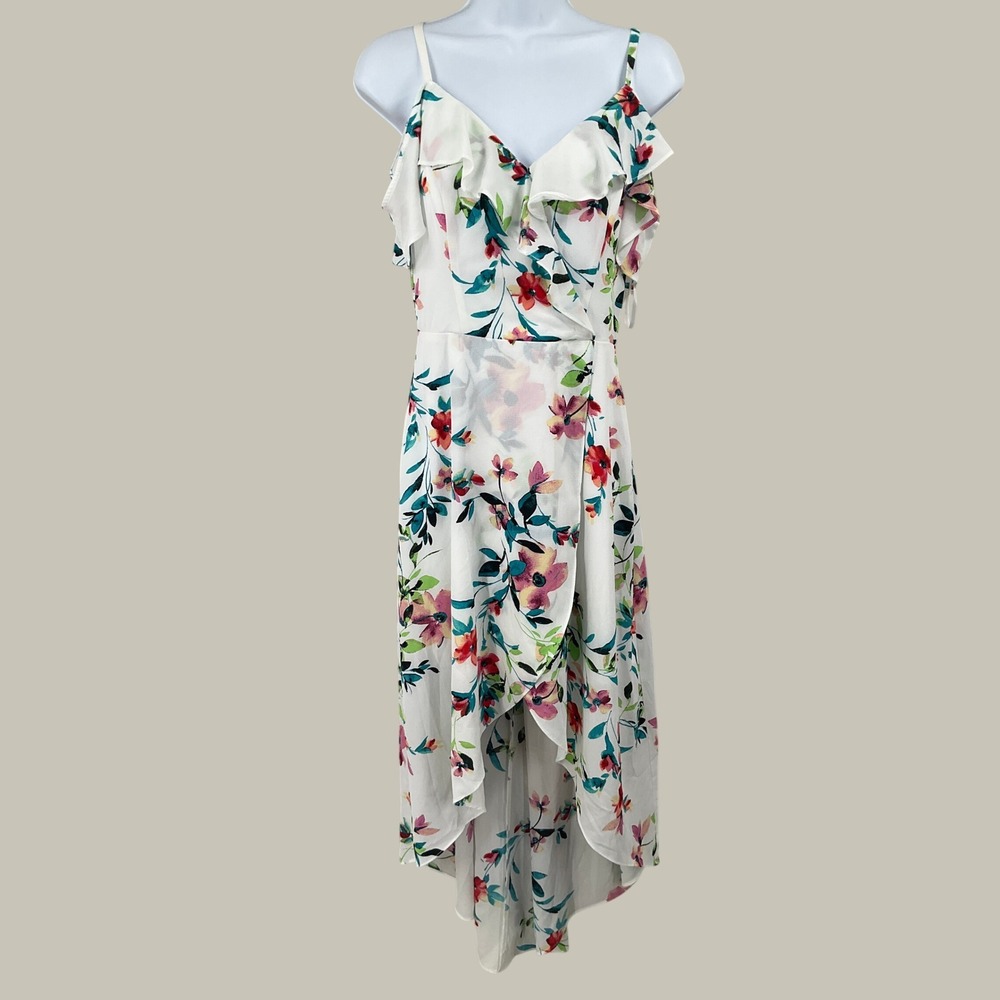 IZ Byer High Low Maxi Dress Womens S White Floral Ruffle Boho Cottagecore